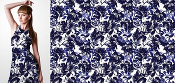 33219v Materiał ze wzorem niebieskie i czarne kwiaty i liście na białym tle